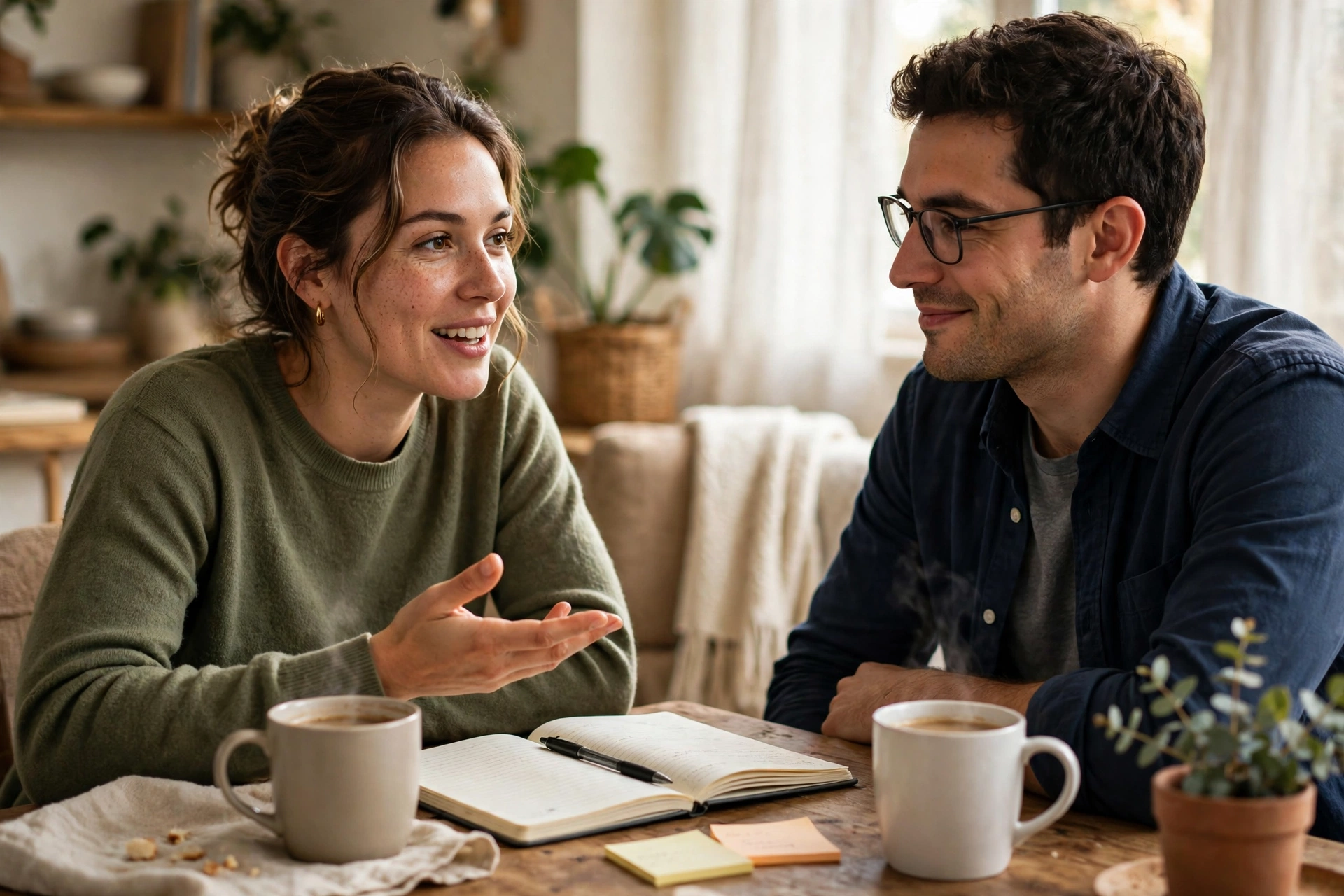 Dos personas platicando en casa