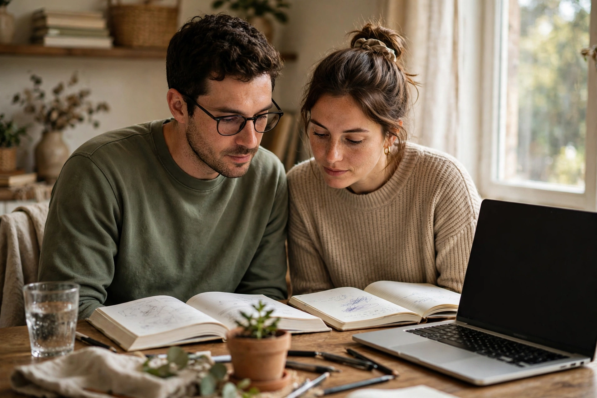 Pareja estudiando en su casa