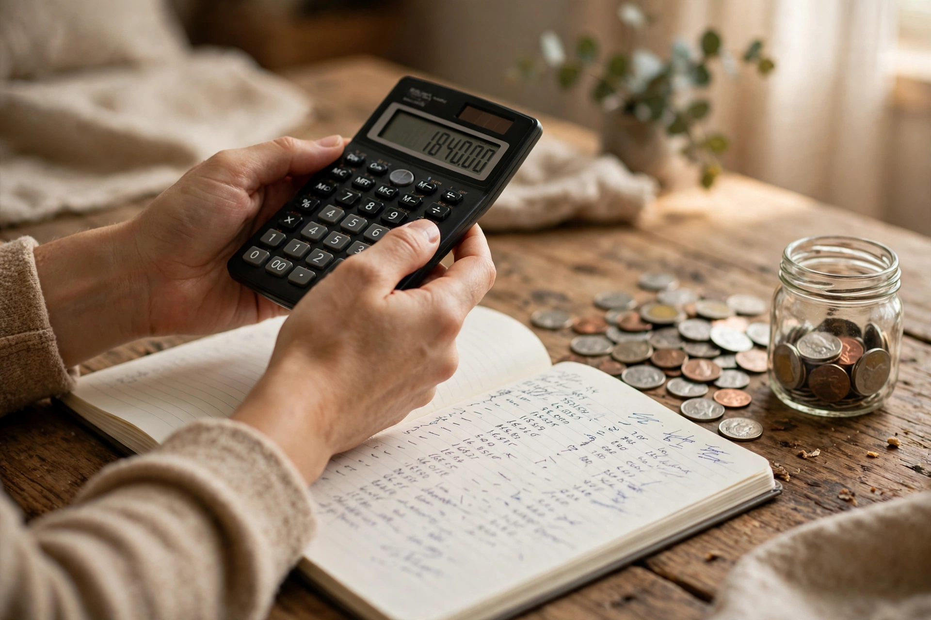Manos con calculadora sobre una libreta de presupuesto