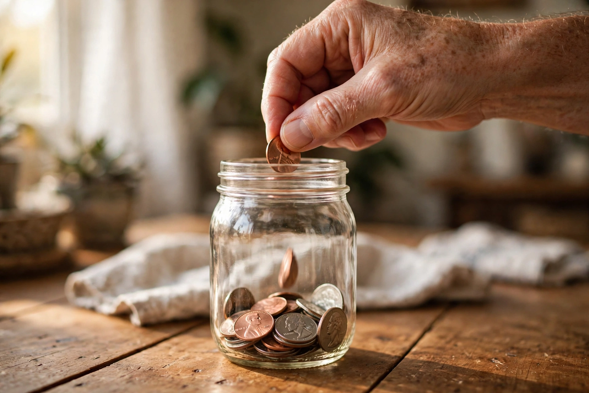 Mano echando una moneda en un frasco de ahorro